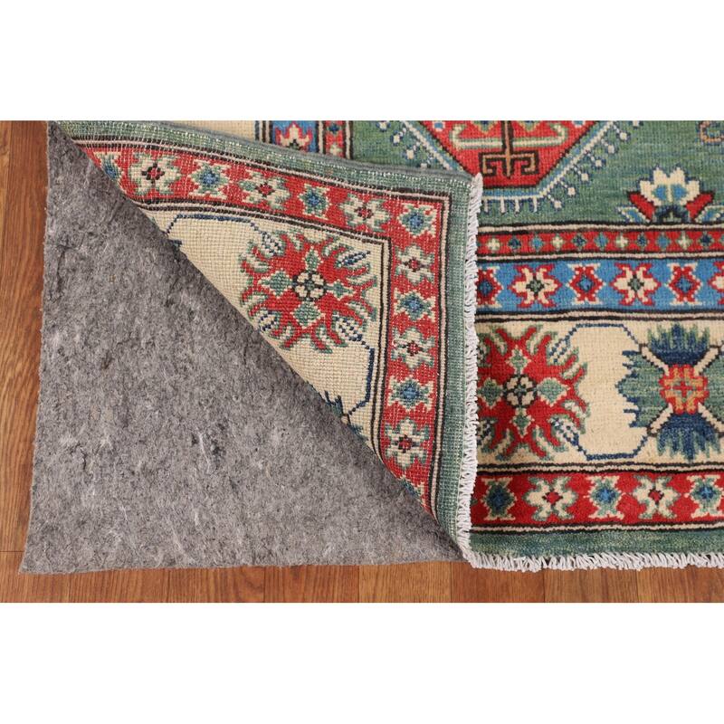 Kazak Oriental Area Rug Handmade Green Geometric Wool Carpet - 5'1" x 7'3"