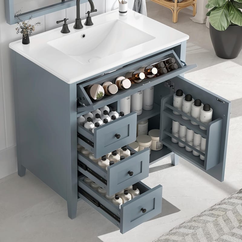 Bathroom Vanity with Sink, Modern MDF and Rubberwood Cabinet with 3 Drawers and Adjustable Shelf - Blue Gray - 30-Inch