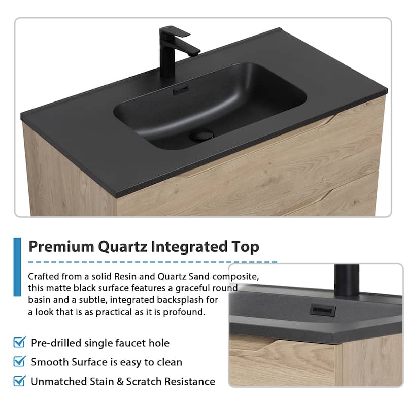 RupheonD 24"-48" Floating Bath Vanity in Evita Oak with Black Quartz Top