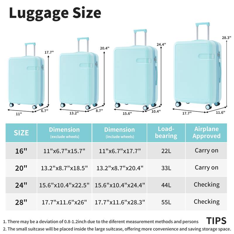 TSA-Approved Spinner Luggage Set with Packing Cubes - Expandable, Durable ABS Material, 16", 20", 24", 28" Travel Suitcases
