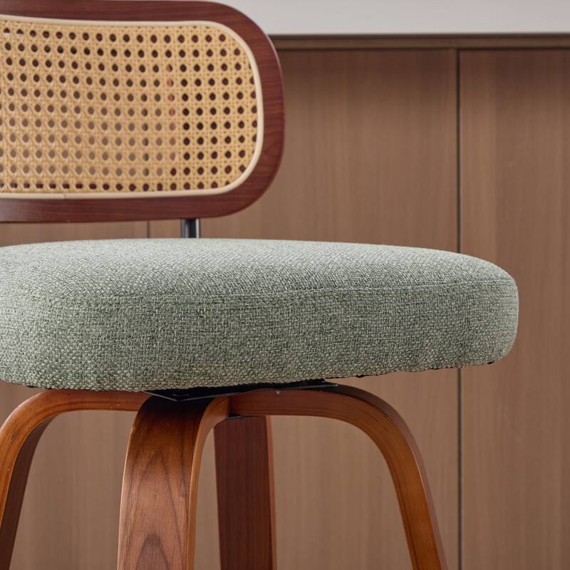 Roomfitters Upholstered Swivel Bar Stools Set of 3 with Rattan Back and Wood Legs, Modern Counter Height Dining Chairs