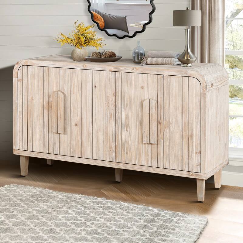 Curved Cabinet with Vertical Wood Grain Carving, 4 Door Sideboard with Adjustable Shelves, Accent Cabinet with Wooden Handles
