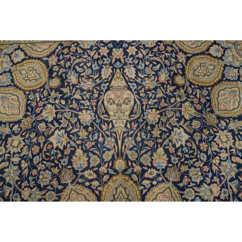 Hand Knotted Oriental 100% Wool Carpet Traditional Floral Navy Blue & Blues Kerman Area Rug - 13' 4'' X 10' 0''