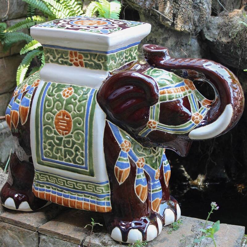 International Caravan Large Porcelain Elephant Stool - Brown