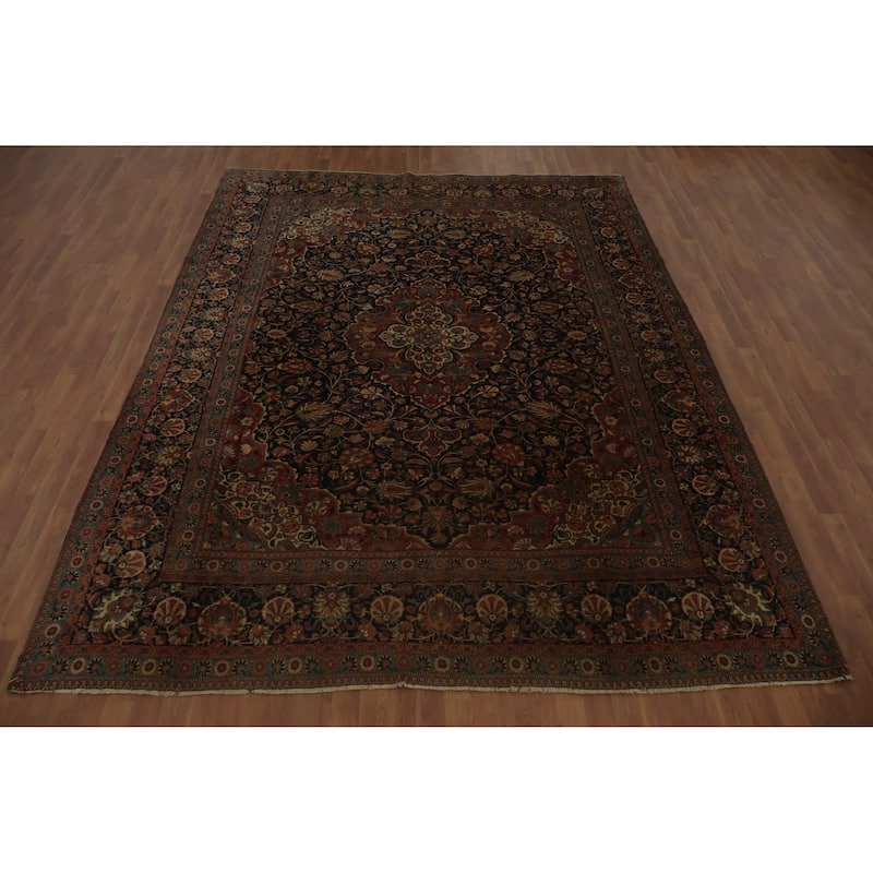 Hand Knotted Oriental 100% Wool Carpet Traditional Floral Navy Blue & Blues Kashan (Dabir) Area Rug - 11' 2'' X 8' 6''