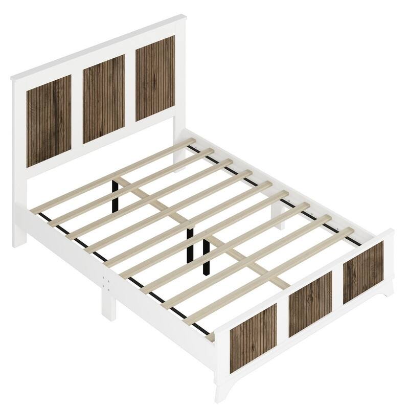 4-Pc Full/Queen Farmhouse Bedroom Set with Wooden Strip Stickers, Storage Nightstand & Dresser, White/Black