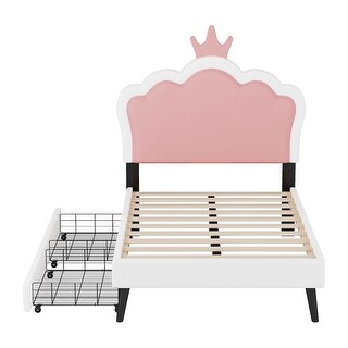 Twin Size Upholstered Princess Bed With Crown Headboard And 2 Drawers,Twin Size Platform Bed With Headboard