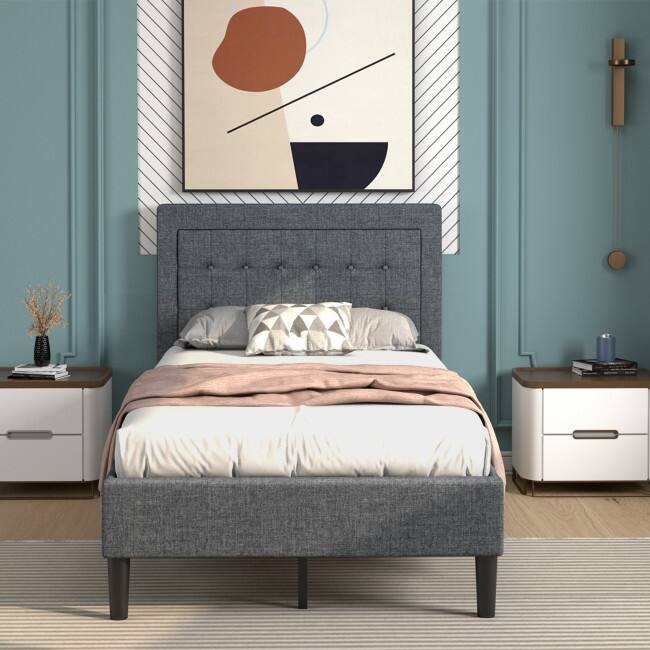 Upholstered Twin Size Bed Frame with Button Tufted Headboard