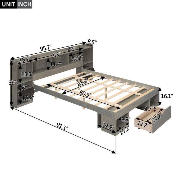dimension image slide 1 of 2, Queen Size Platform Bed with Drawer and Multi-Storage Headboard, Wooden Bed Frame with Cabinet, No Box Spring Required, Grey