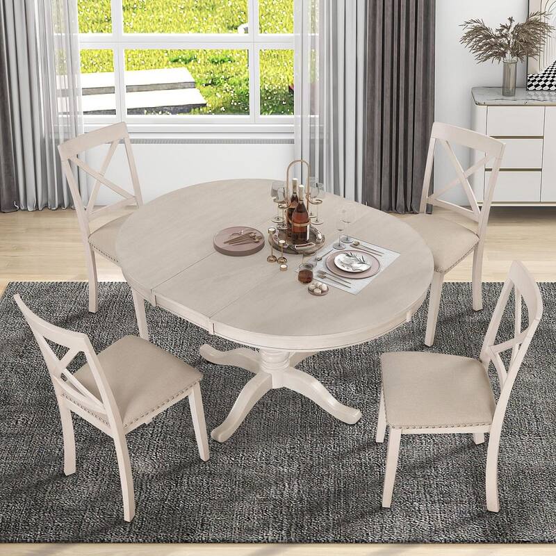 Wooden Round Drop Leaf Extendable Dining Table Set with 4 Upholstered Chairs