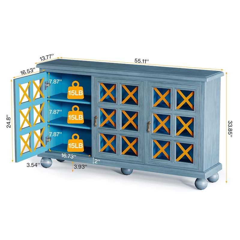 Blue Sideboard Buffet Cabinet with Storage and Doors for Living Room