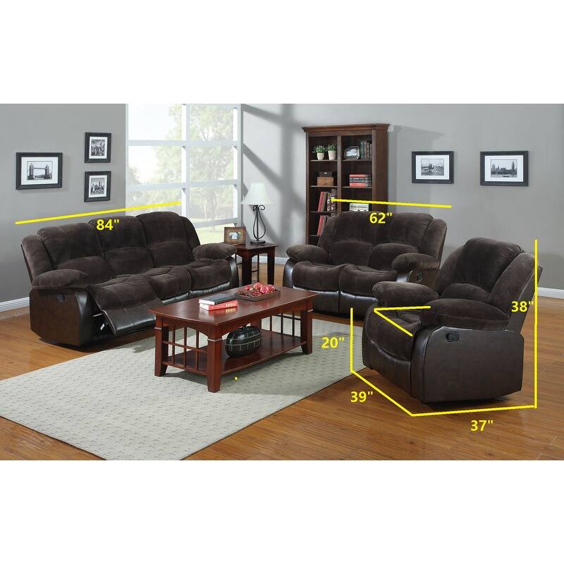 NHI 3 Pieces Fabric & PU Leather Recliner Sofa Set-B , Chocolate,Beigh,Grey - 121*109*38