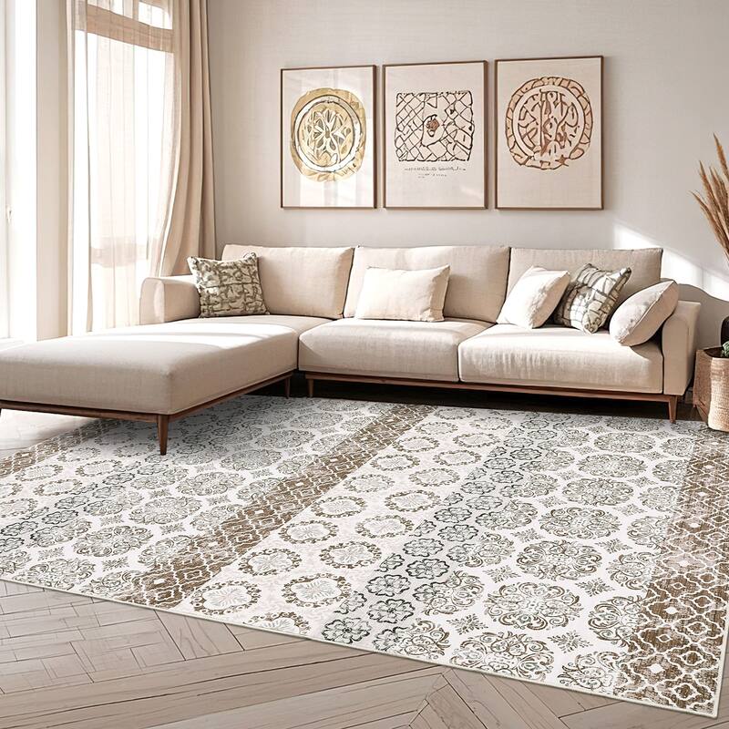 Vintage Floral Area Rug Boho Geometric Rugs for Living Room Bedroom Soft Throw Carpet - 8'x10' - Beige