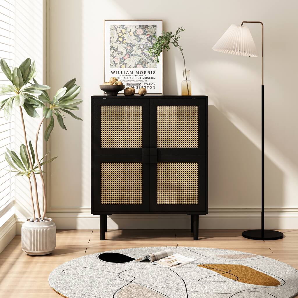 4-Doors Rattan Mesh Storage Cabinet, Sideboard with Eight Storage Spaces, for Entryway, Living Room, Hallway (Black)