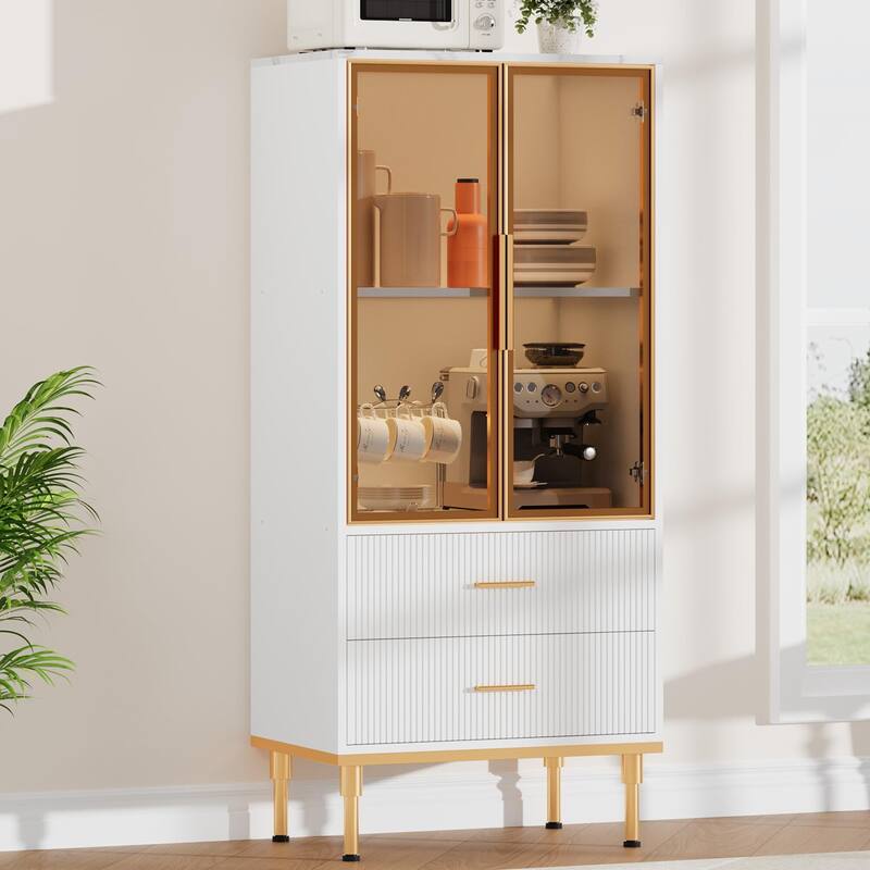 Pantry Cabinet, Freestanding Kitchen Storage Cabinet with Glass Door and 2 Drawers, Modern Kitchen Cupboard with 2 - White