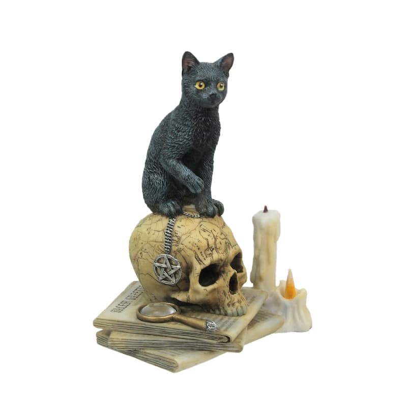 Lisa Parker Spirits Of Salem Black Cat On Human Skull Statue 6.5 Inch - 6.5 X 5 X 4.25 inches