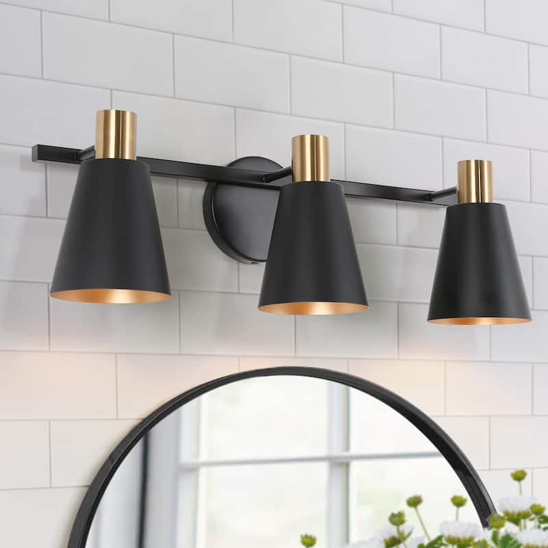 Modern 3-Lights Metal Cone Shade Bathroom Vanity Lights Dimmable Wall Lamp Black with Gold - L 22'' x W 7'' x H 7'' - L 22'' x W 7'' x H 7'' - Black