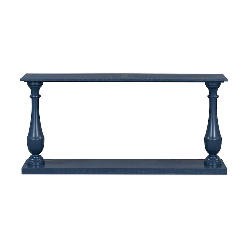 Solid Wood 63 Inches Console Table, Vintage Wood Grain Sofa Table, Narrow Entryway Table with Bottom Shelf and Vase-Leg Design - Navy Blue