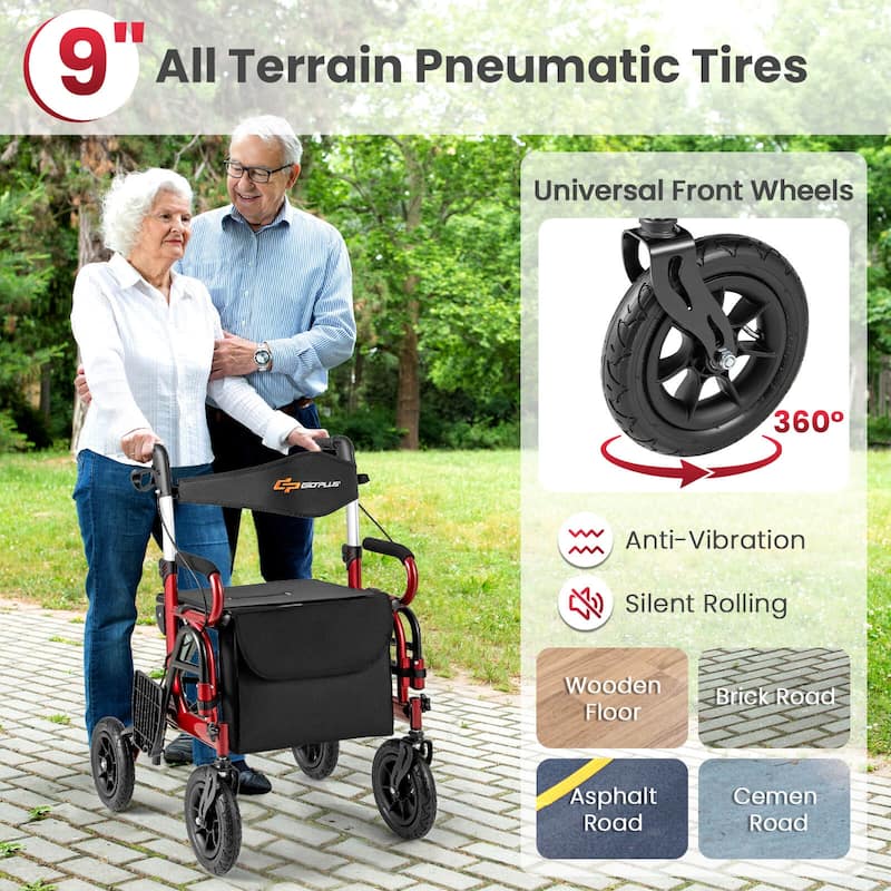 Goplus 2-in-1 Rollator Walker for Seniors with Seat 9" Pneumatic Tires - See Details