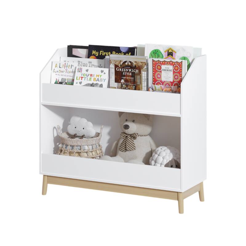 Anmytek White Toddler Book Display Shelf with Storage, Wooden Kids Bookcase Organizer for Bedroom or Playroom