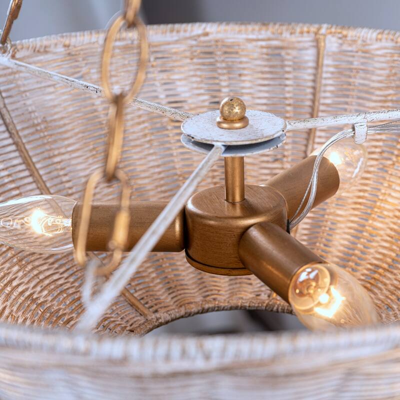 Beige Rattan 3-Light Coastal Woven Wicker Convertible Chandelier Light - 19.68" fixture width x 23.42" fixture height