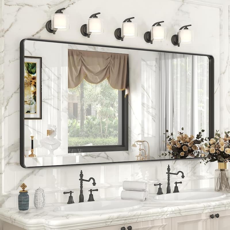 Aluminum Alloy Framed French Cleat Mounted Tempered Glass Wall Vanity Mirror - Black - 60" x 28"