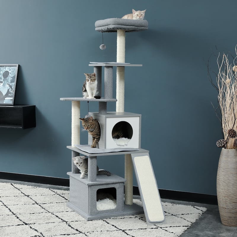Modern Wood Cat Tree Multi Floor Play Tower with Scratching Post