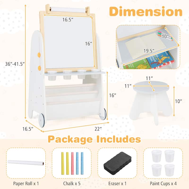 Kids 4 in 1 Art Easel and Desk with Stool Adjustable Height Whiteboard Chalkboard Paper Roll and Storage for Drawing