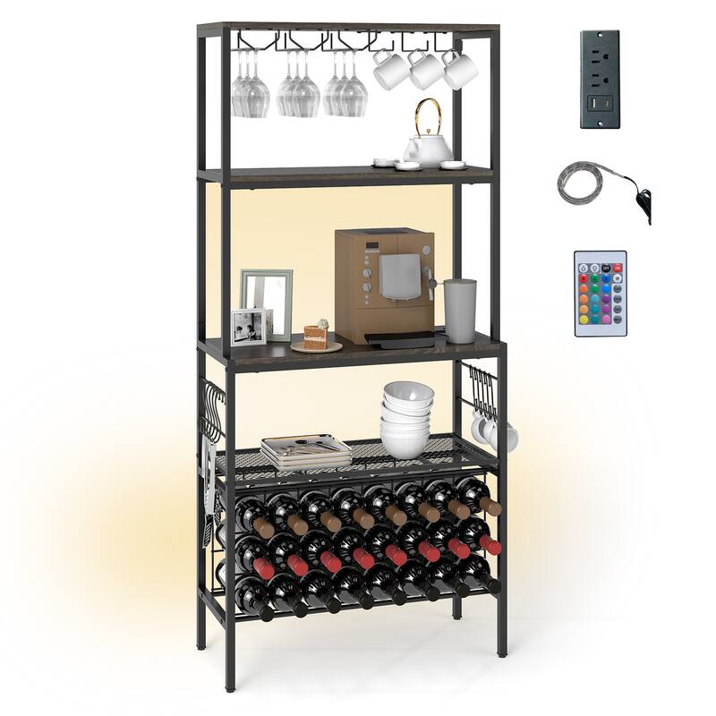 Gymax 3-Tier Wine Rack Coffee Bar Station w/Power Outlets Hooks Glass - Grey