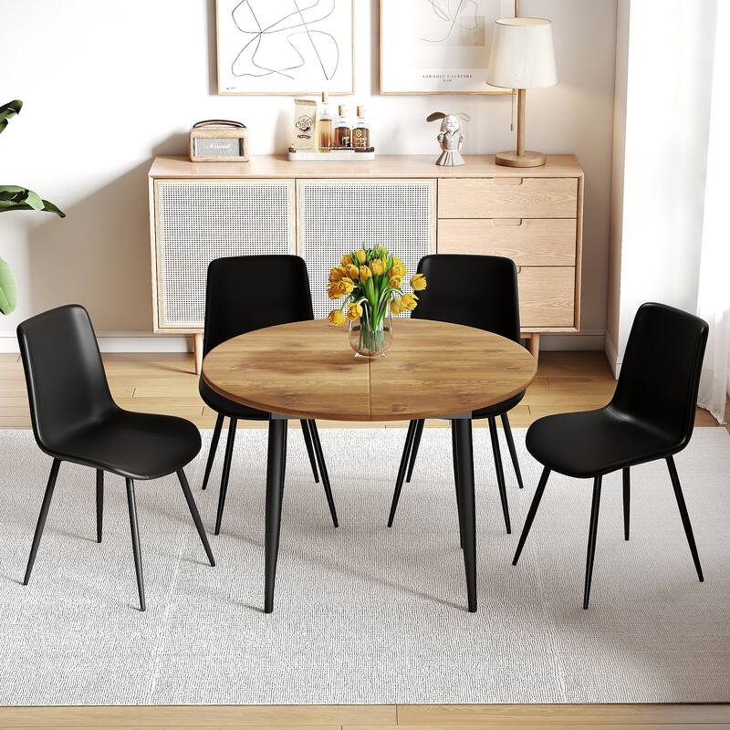 42-52" Extendable Dining Table Set for 4/6, Round Table with Faux Leather Chairs, Small Space Kitchen Table and Chairs Set