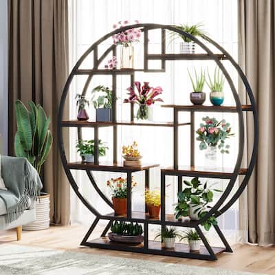 Industrial Round Bookshelf with 14 Shelving Units, Retro Organizer Rack Display Shelf - 59.06" L x 11.81" W x 62.99" H