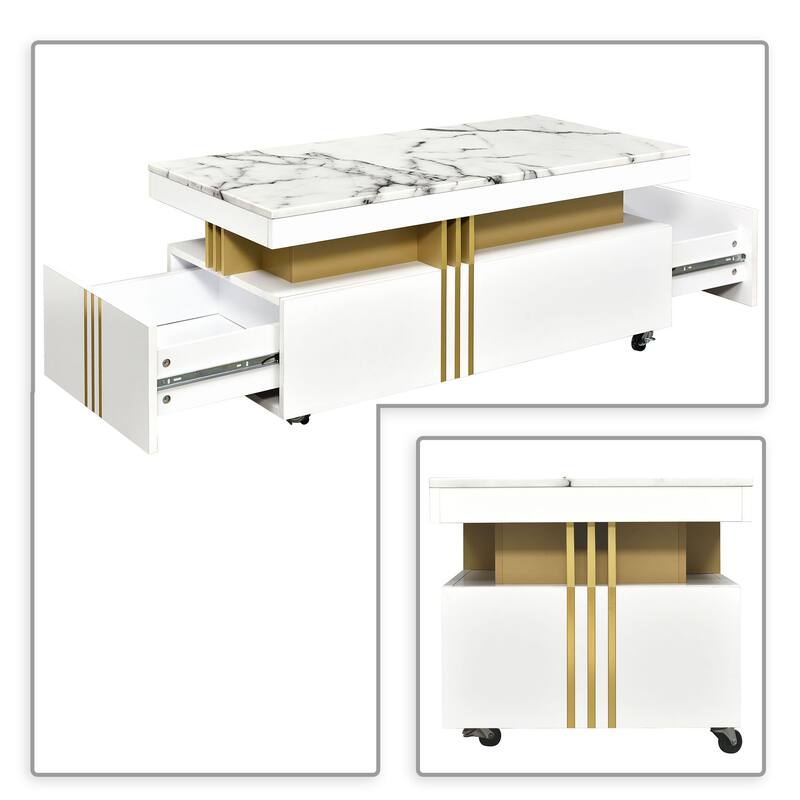 Elegant Stylish Wooden Rectangular Coffee Table with 4 Wheels