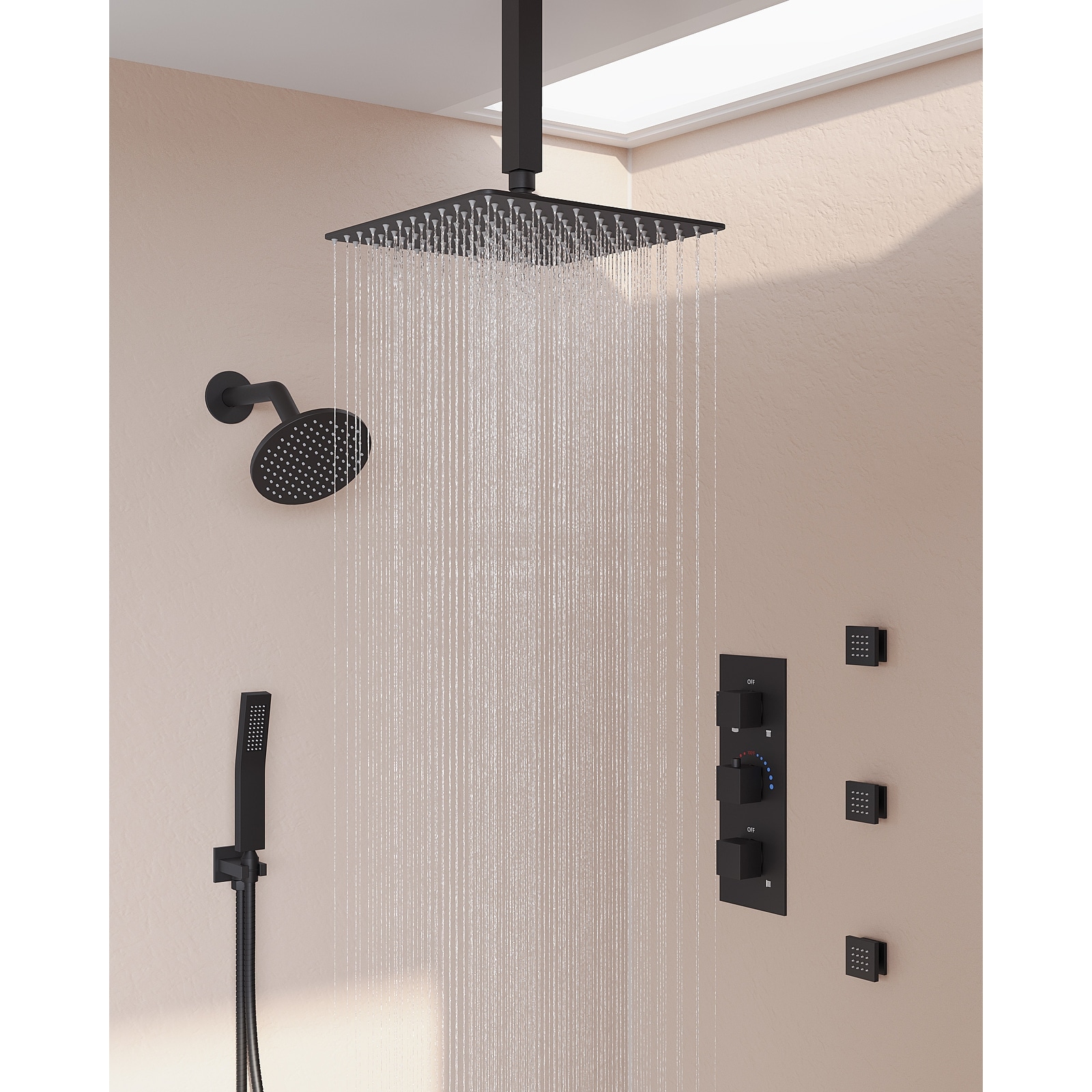 GRANDJOY Dual Shower Heads 12" Rainfall Shower System with 3 Body Jets and Handheld Shower