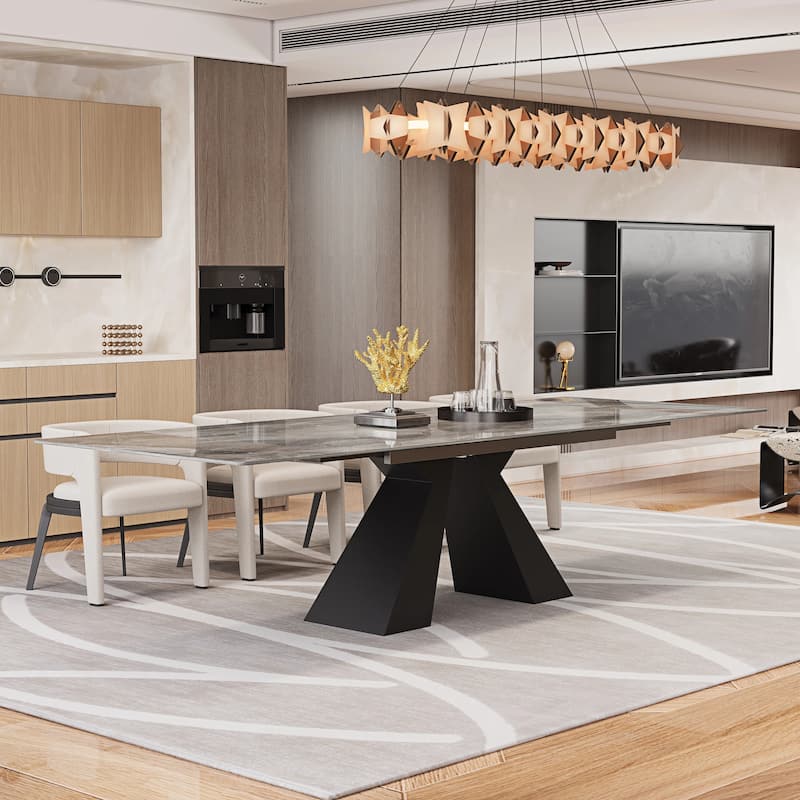 63'' to 94.5” Extendable Dining Table For 8-10 with Sintered Stone Table top and Metal Base - 94.48"