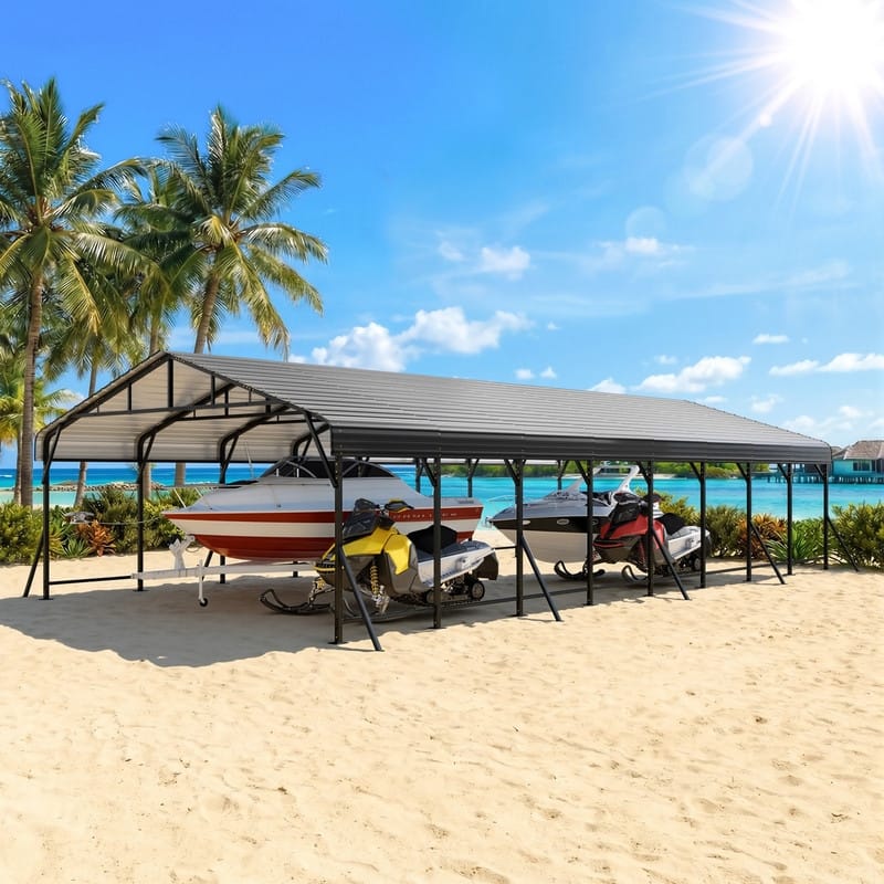 Erommy Outdoor Carport with Galvanized Steel Roof, Heavy-Duty All-Weather Shelter for Cars, Boats and Equipment