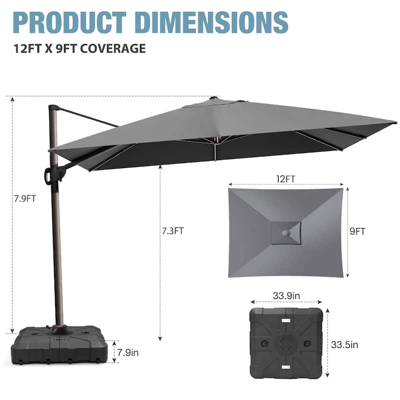 VredHom 9 x 12 FT Outdoor Patio Cantilever-Offset Umbrella with Wheel Base