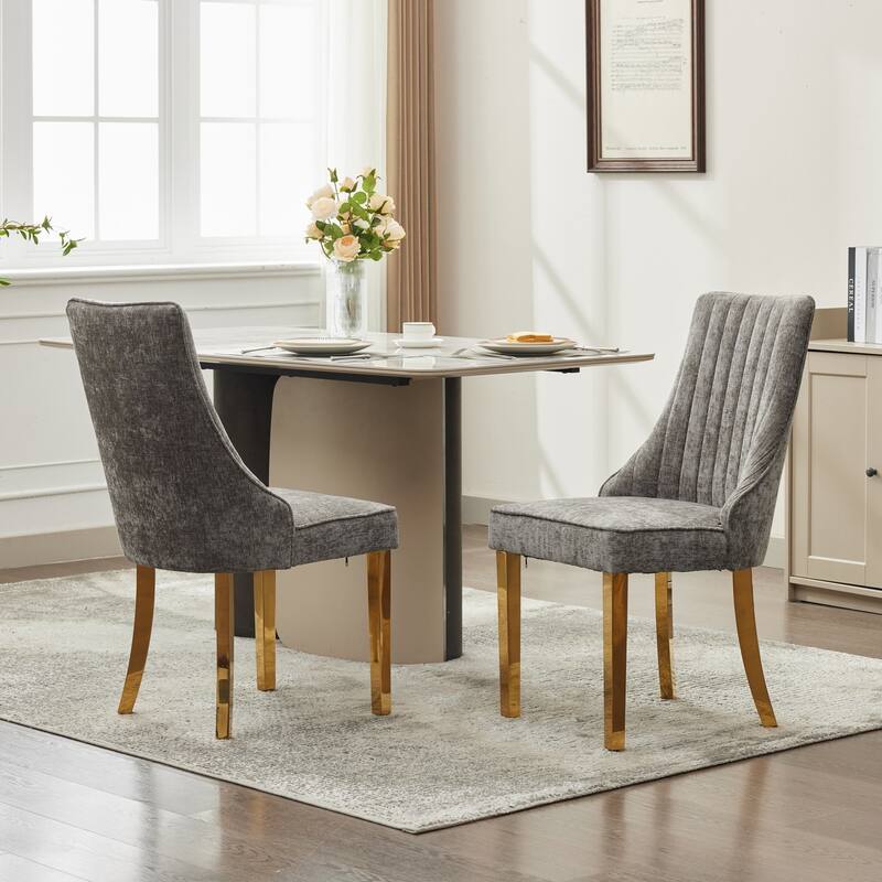 GDF Studio- Rayon Chenille Upholstered Dining Chair with Tufted Back & Golden Metal Base, Set of 2