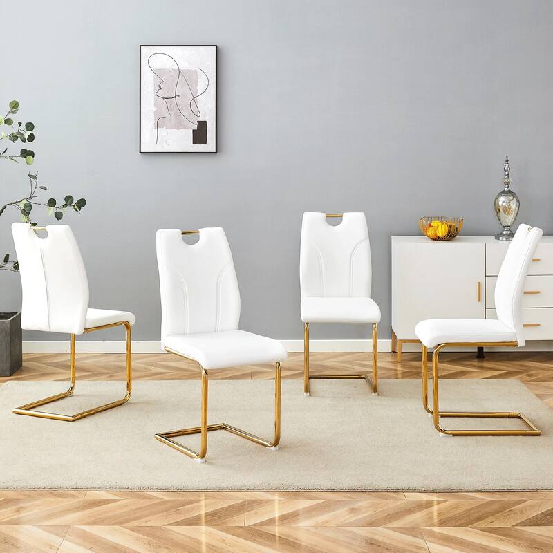 Set of 4 Dining Chairs, PU Material, Paired with Gold Metal Chair Legs. Suitable for Offices, Restaurants, Kitchens - White+Gold