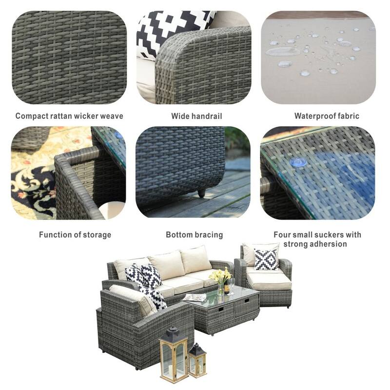 5 Pieces Patio Sectional Sofa with Storage End Table