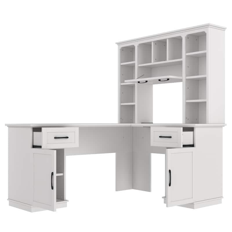 L-Shaped Computer Desk with 2 Cabinets and 2 Drawers,11 Open Shelves,with Electrical Outlet,for Study,Living Room and Office