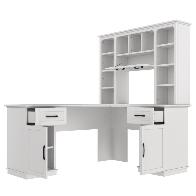 Roomfitters L-Shaped Computer Desk with Hutch, 2 Cabinets, 2 Drawers and 11 Open Shelves, with Power Outlet