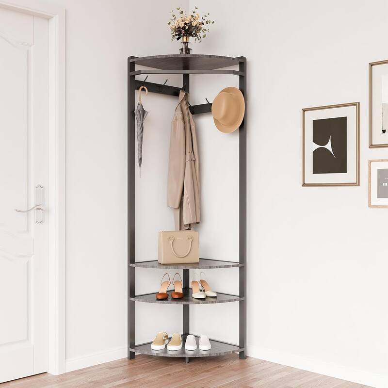 Coat Rack Stand Corner Hall Tree With Shoe Bench 6 Hooks and Storage Shelf