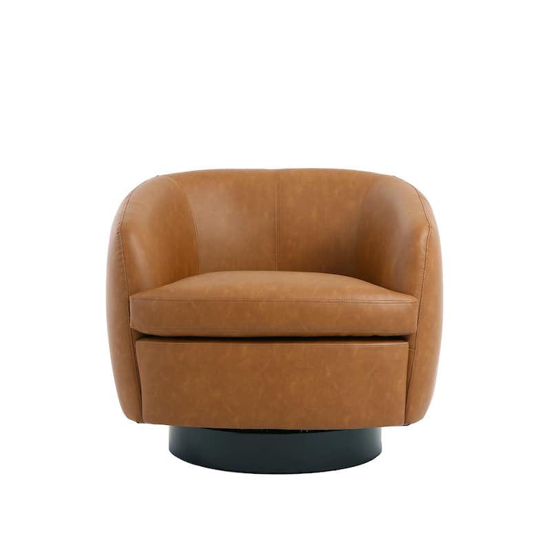 Leather Upholstered Swivel Barrel Accent Chair With Wood Base