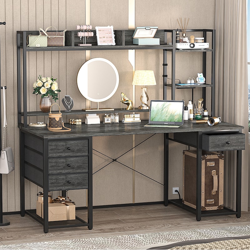 Gaming Desk with Hutch and Drawers, Office Computer Desk with Charge Station and LED Light - 55'' - Grey Oak