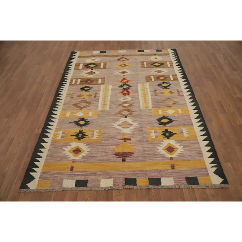 Hand Woven Oriental 100% Wool Carpet Southwestern Tribal Pink Kilim Area Rug - 6' 9'' X 5' 0''