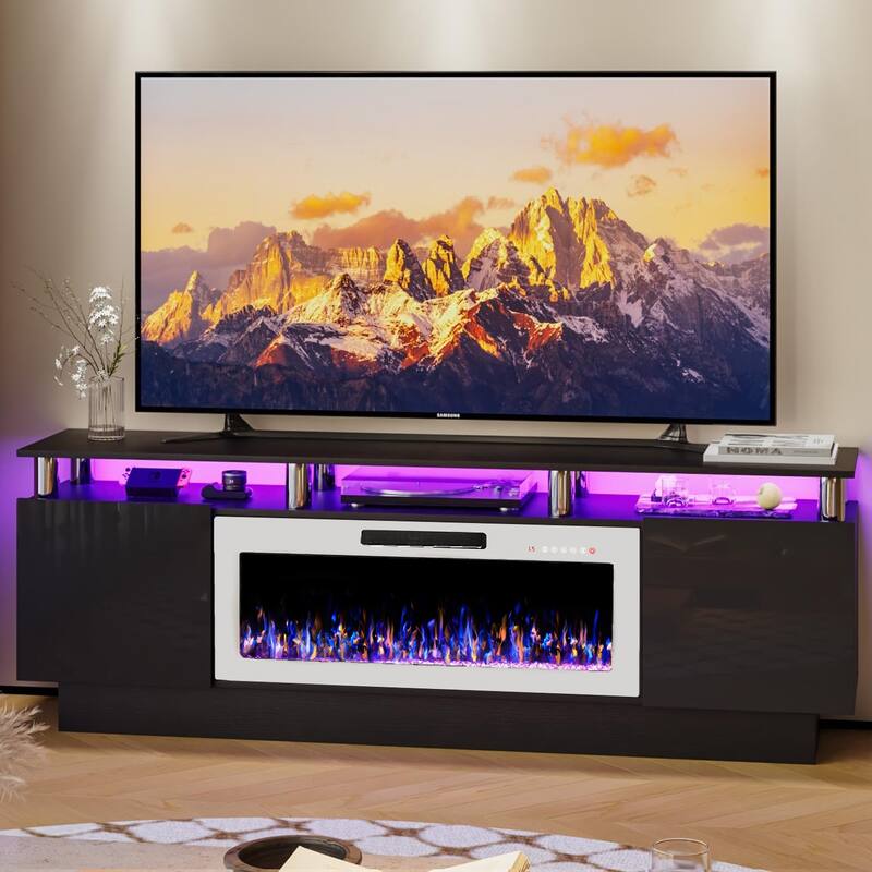 BOSSIN 70" Modern Electric Fireplace TV Stand, with Electronic Flame and LED Lights, High Gloss Finish Entertainment Center