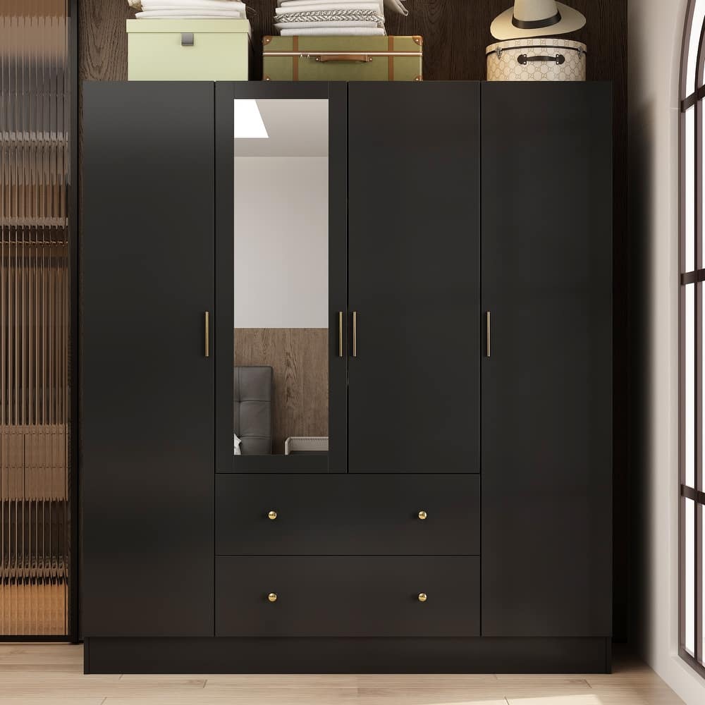 Timechee Wardrobe Armoire Wooden Closet with Mirror 4 Doors 2 Drawers