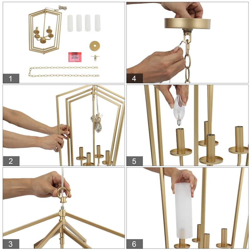 Modern Gold 4-Light Lantern Chandelier Geometric Glass Pendant Light Fixture for Kitchen Dining Room - 16.5"Dx27"H