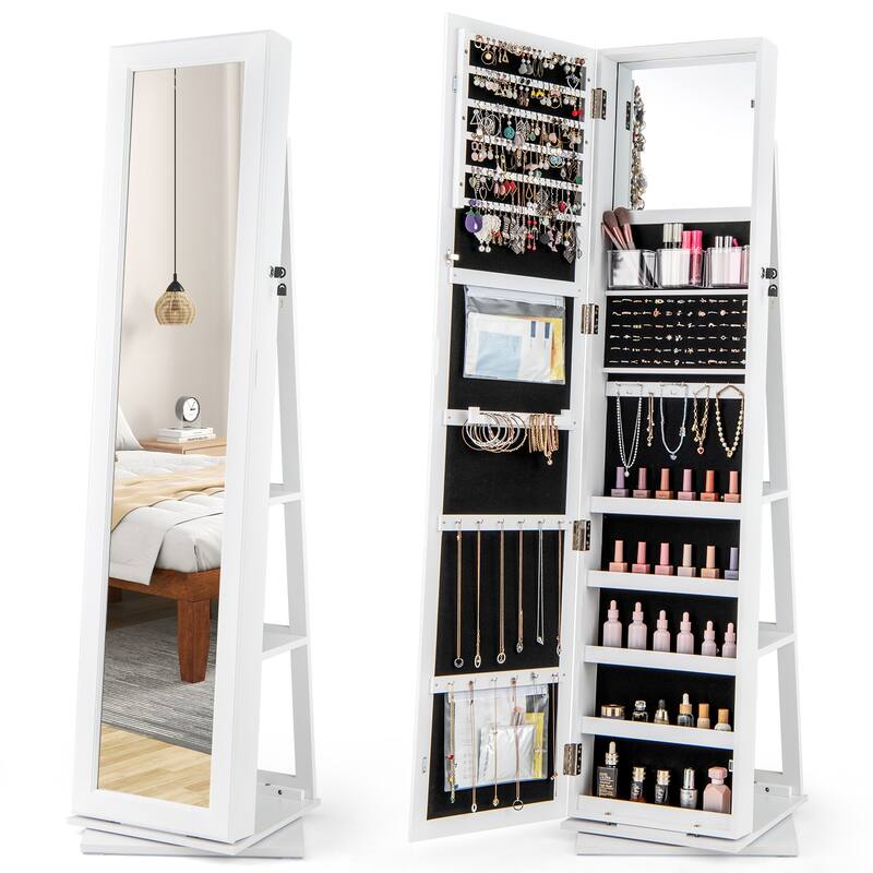 360 Degree Rotating Jewelry Armoire with Full Length Mirror Lockable Cabinet and Storage Shelves Organizer - 17" x 15" x 62.5" - White