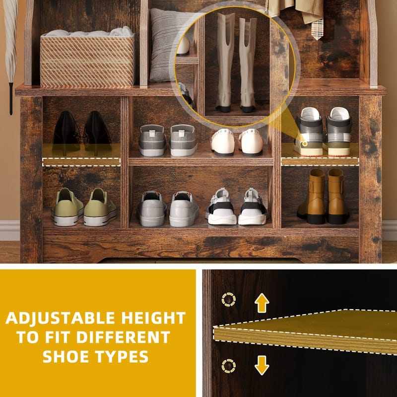 Moasis Farmhouse Hall Tree with Bench and Shoe Storage with 10 Hooks for Entryway